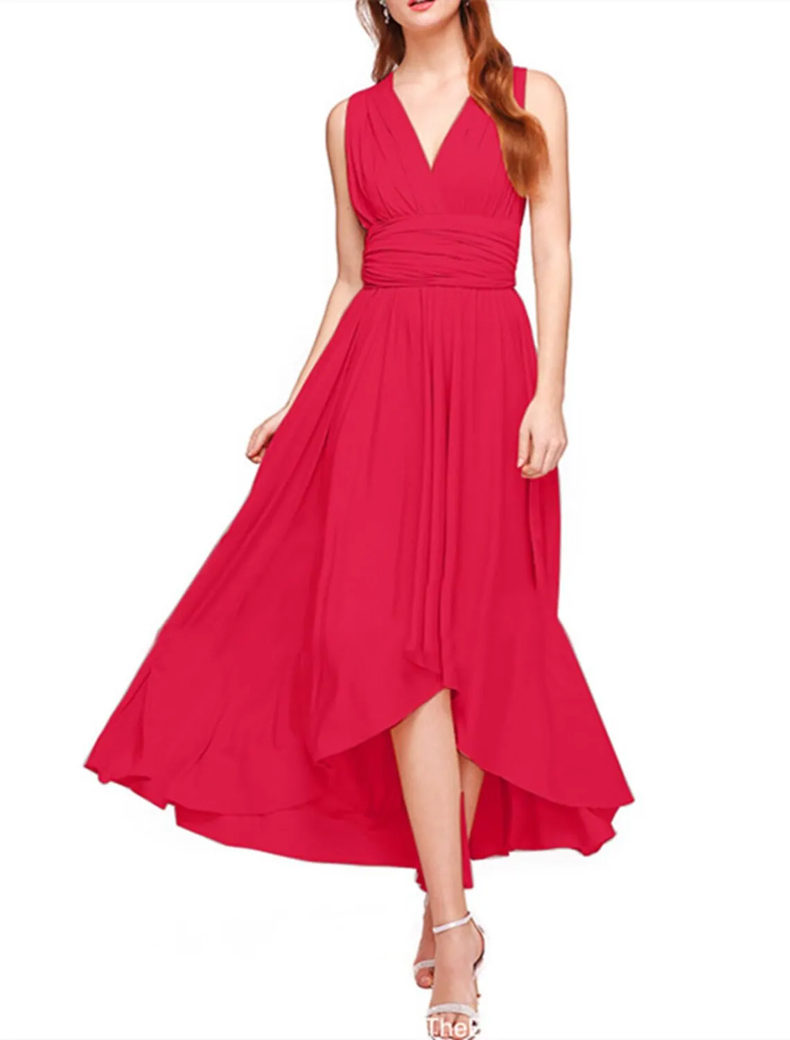 Aimishang  A-Line Bridesmaid Dress V Neck Sleeveless Convertible Infinity Asymmetrical Spandex with Pleats / Solid Color