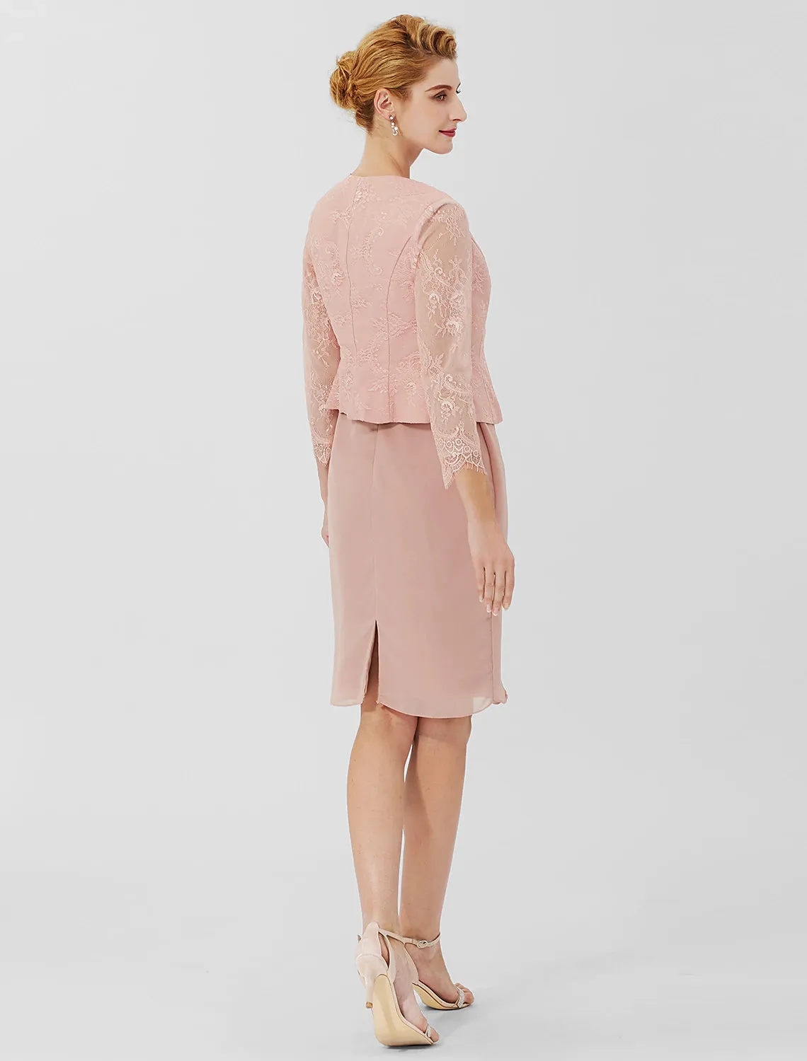 Aimishang   Sheath / Column Mother of the Bride Dress Formal Classic & Timeless Elegant & Luxurious Convertible Dress Jewel Neck Knee Length Chiffon Sheer Lace 3/4 Length Sleeve with Sash / Ribbon