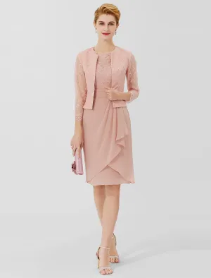 Aimishang   Sheath / Column Mother of the Bride Dress Formal Classic & Timeless Elegant & Luxurious Convertible Dress Jewel Neck Knee Length Chiffon Sheer Lace 3/4 Length Sleeve with Sash / Ribbon
