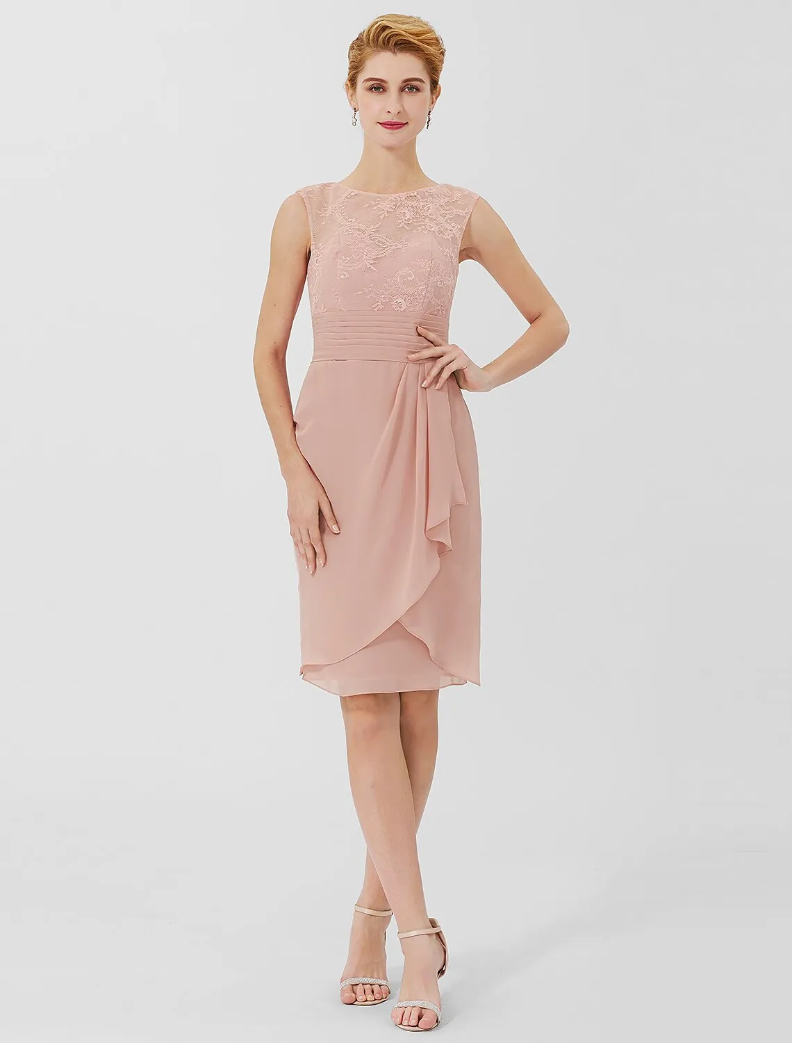 Aimishang   Sheath / Column Mother of the Bride Dress Formal Classic & Timeless Elegant & Luxurious Convertible Dress Jewel Neck Knee Length Chiffon Sheer Lace 3/4 Length Sleeve with Sash / Ribbon