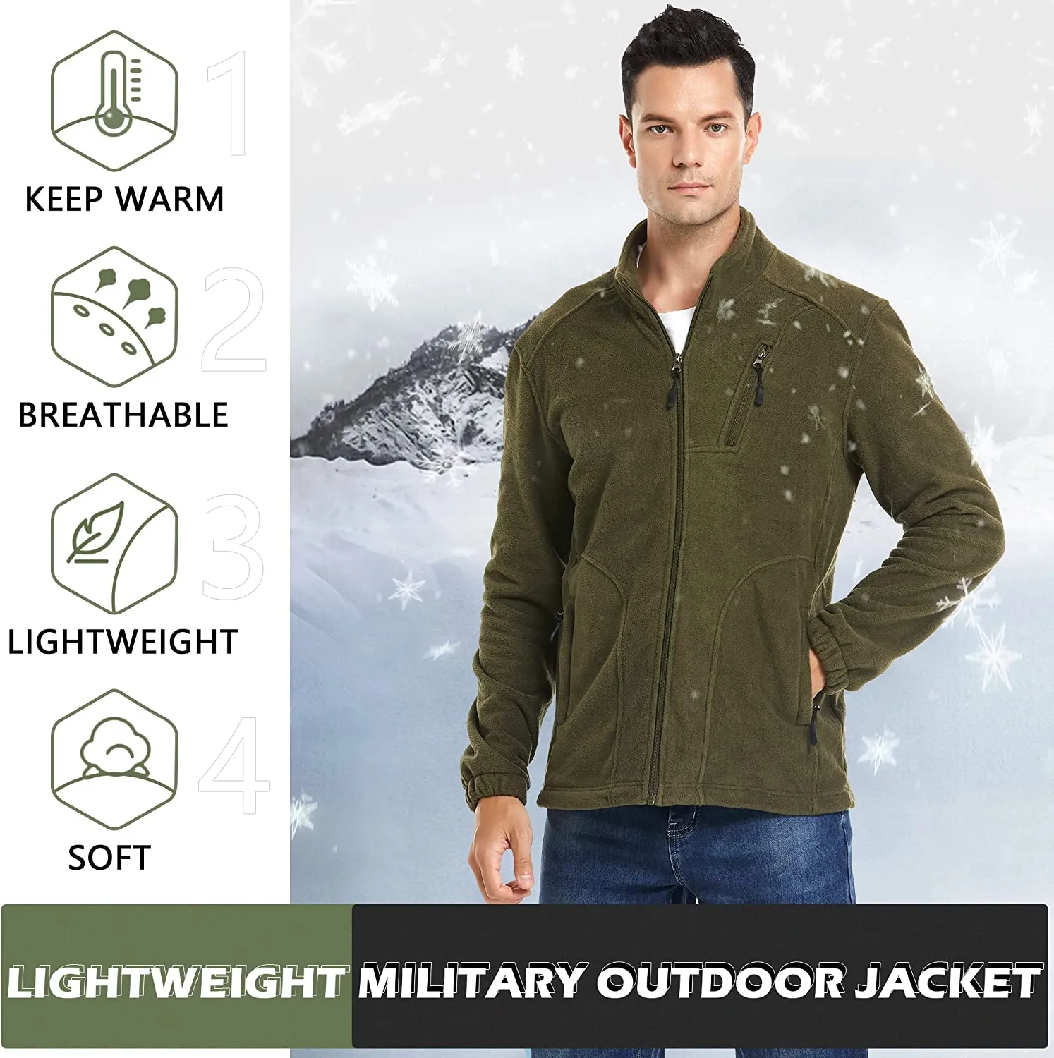Fleece Jacket Men Lightweight Full-Zip Winter Outdoor Coat for Hiking Camping Running