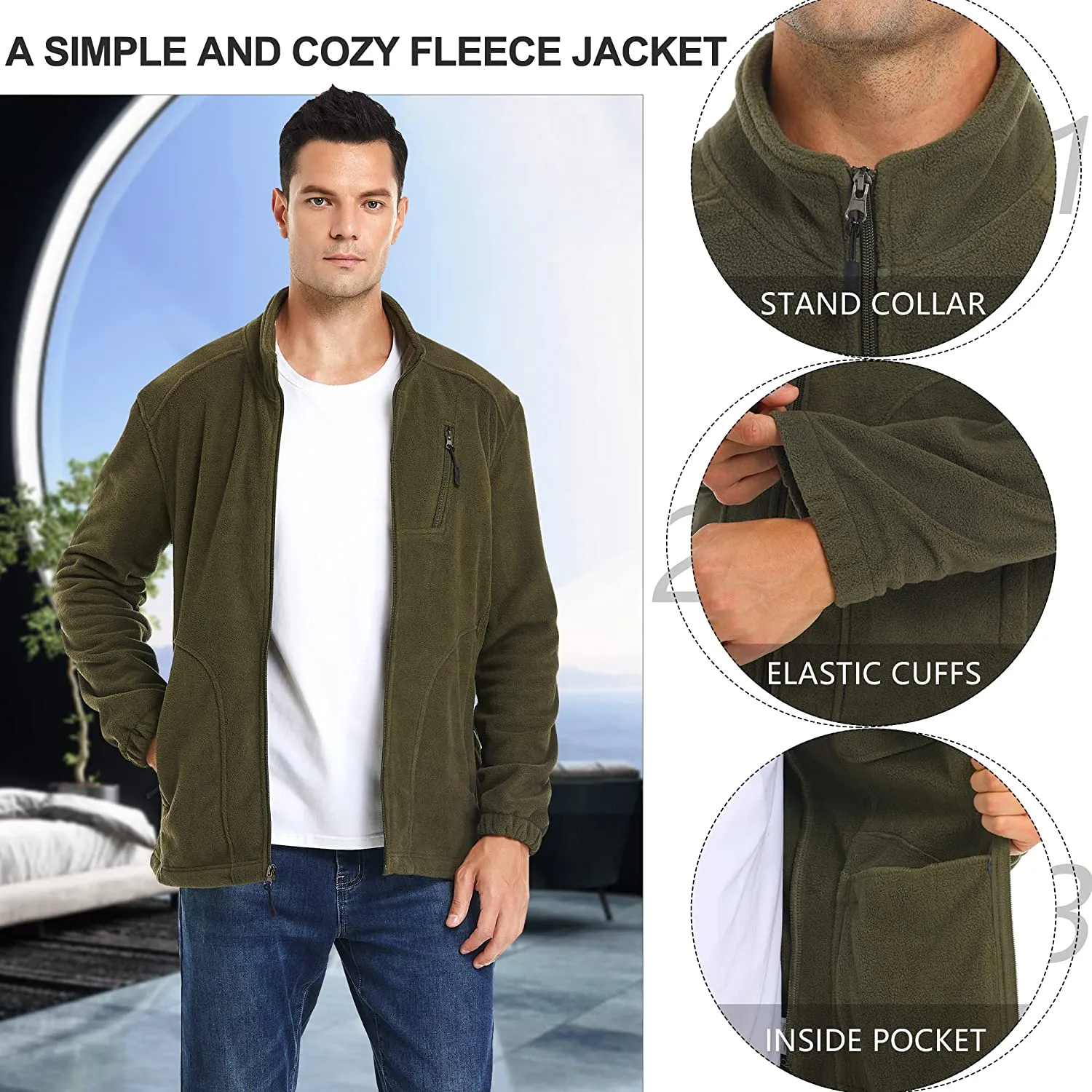 Fleece Jacket Men Lightweight Full-Zip Winter Outdoor Coat for Hiking Camping Running