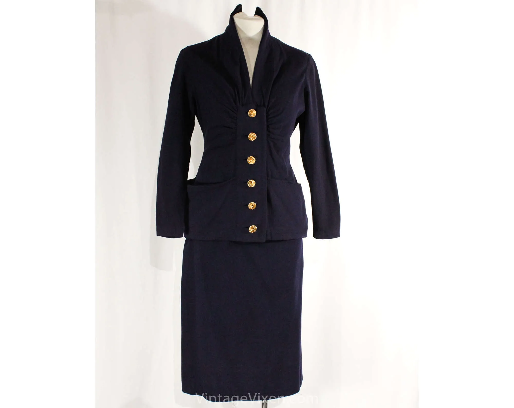 Size 6 1940s Suit - Navy Blue 40s Jacket & Skirt Set - Jacques Fath Look with Spiraling Metal Buttons - Pannier Pockets - Ruching - WWII Era