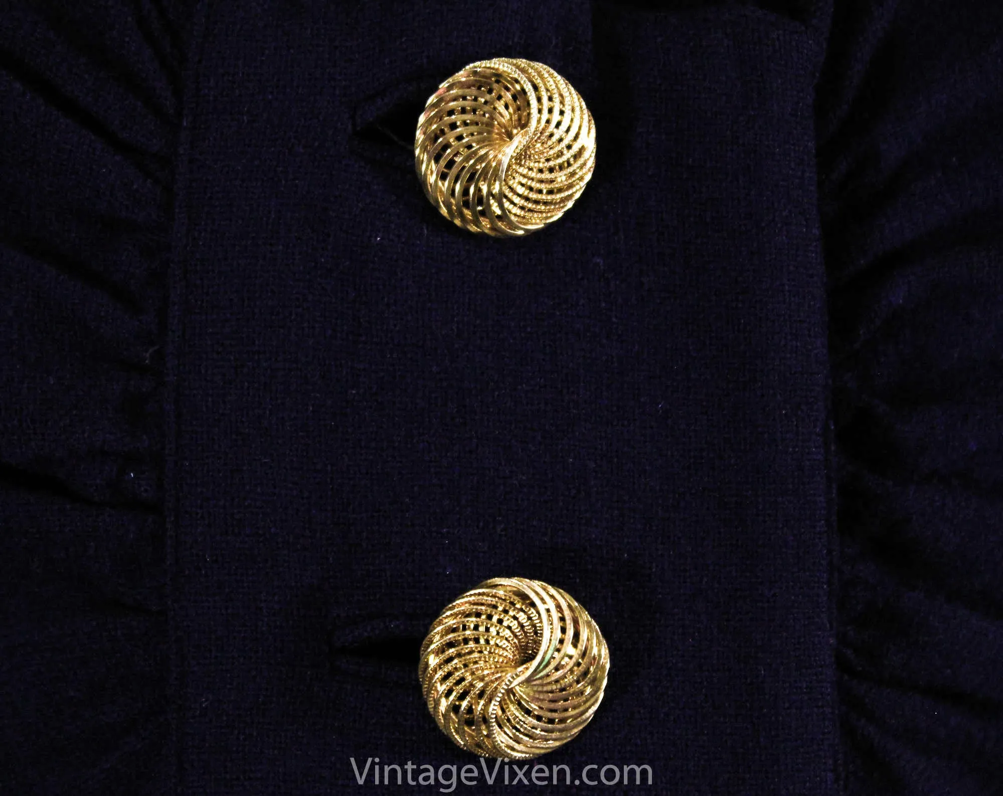 Size 6 1940s Suit - Navy Blue 40s Jacket & Skirt Set - Jacques Fath Look with Spiraling Metal Buttons - Pannier Pockets - Ruching - WWII Era