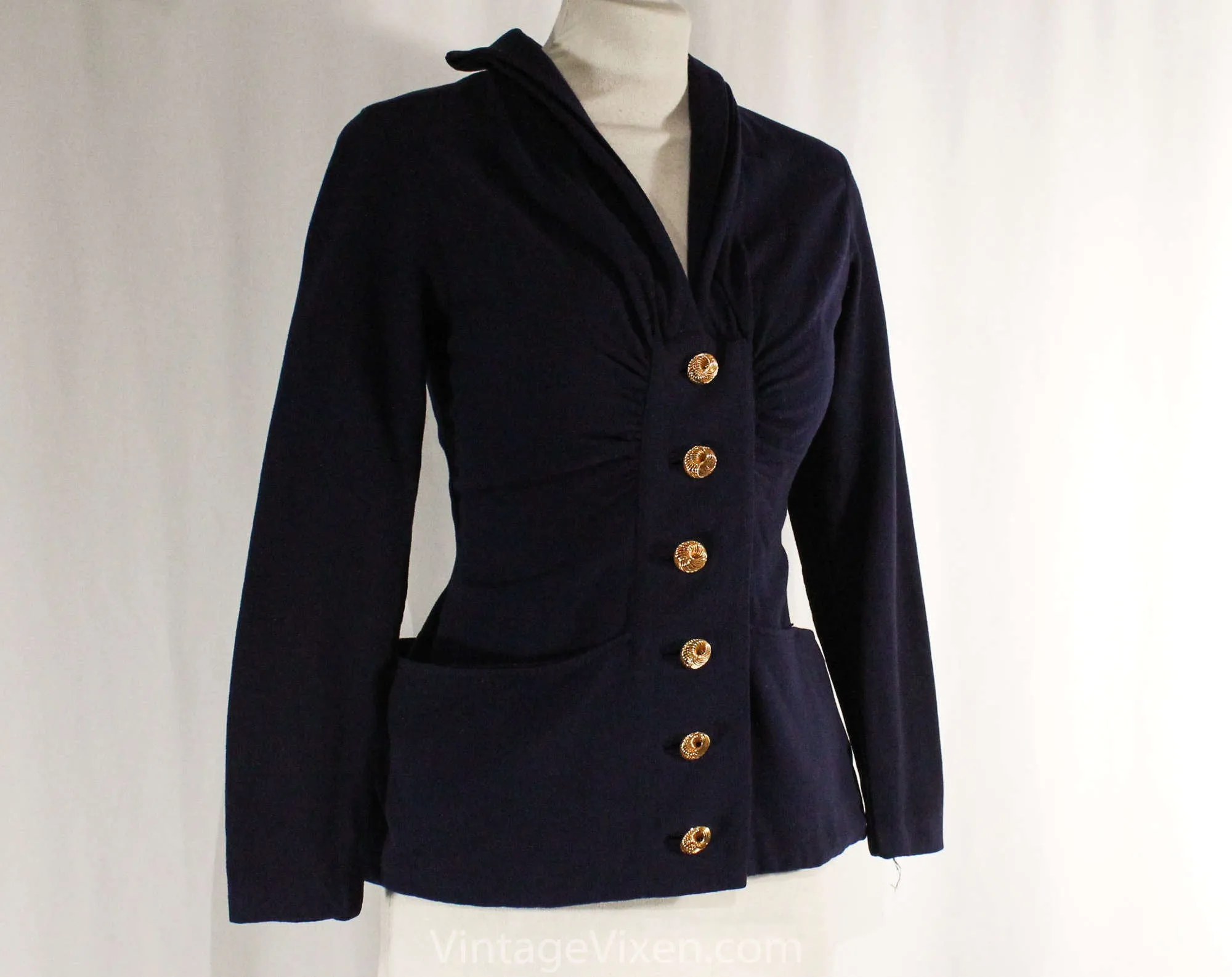 Size 6 1940s Suit - Navy Blue 40s Jacket & Skirt Set - Jacques Fath Look with Spiraling Metal Buttons - Pannier Pockets - Ruching - WWII Era