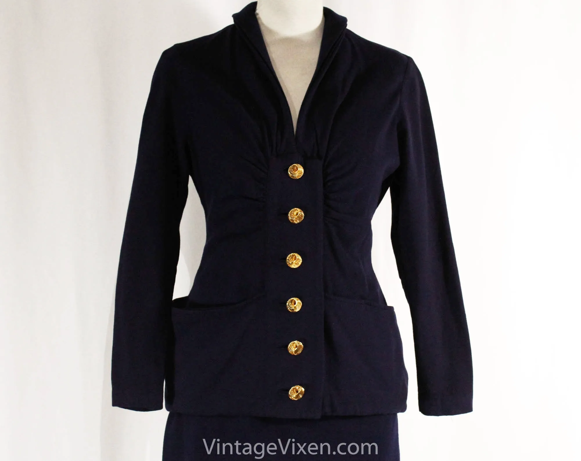 Size 6 1940s Suit - Navy Blue 40s Jacket & Skirt Set - Jacques Fath Look with Spiraling Metal Buttons - Pannier Pockets - Ruching - WWII Era