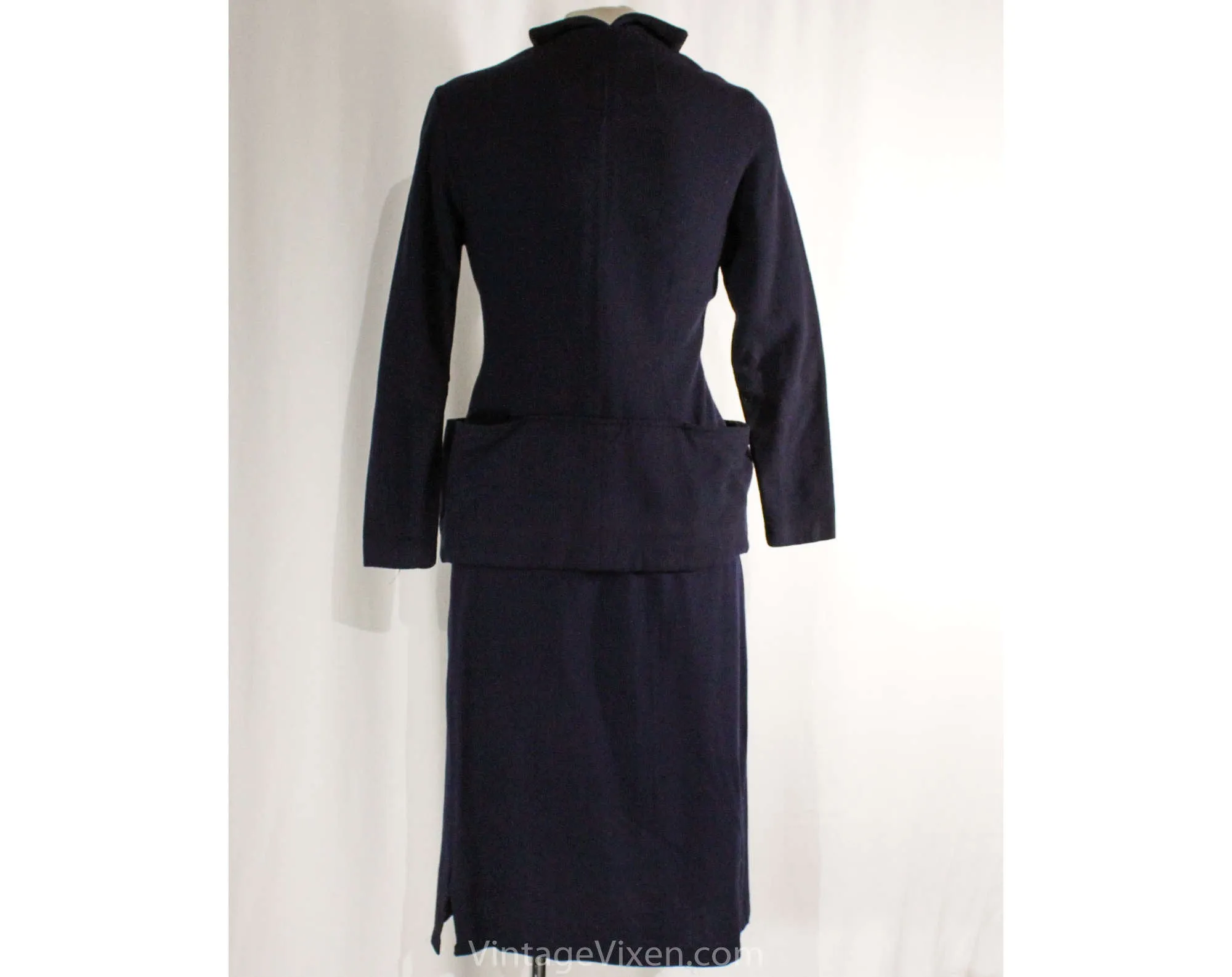 Size 6 1940s Suit - Navy Blue 40s Jacket & Skirt Set - Jacques Fath Look with Spiraling Metal Buttons - Pannier Pockets - Ruching - WWII Era